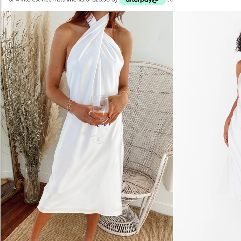 Show me your Mumu Ivory Luxe satin halter midi dress- never worn.